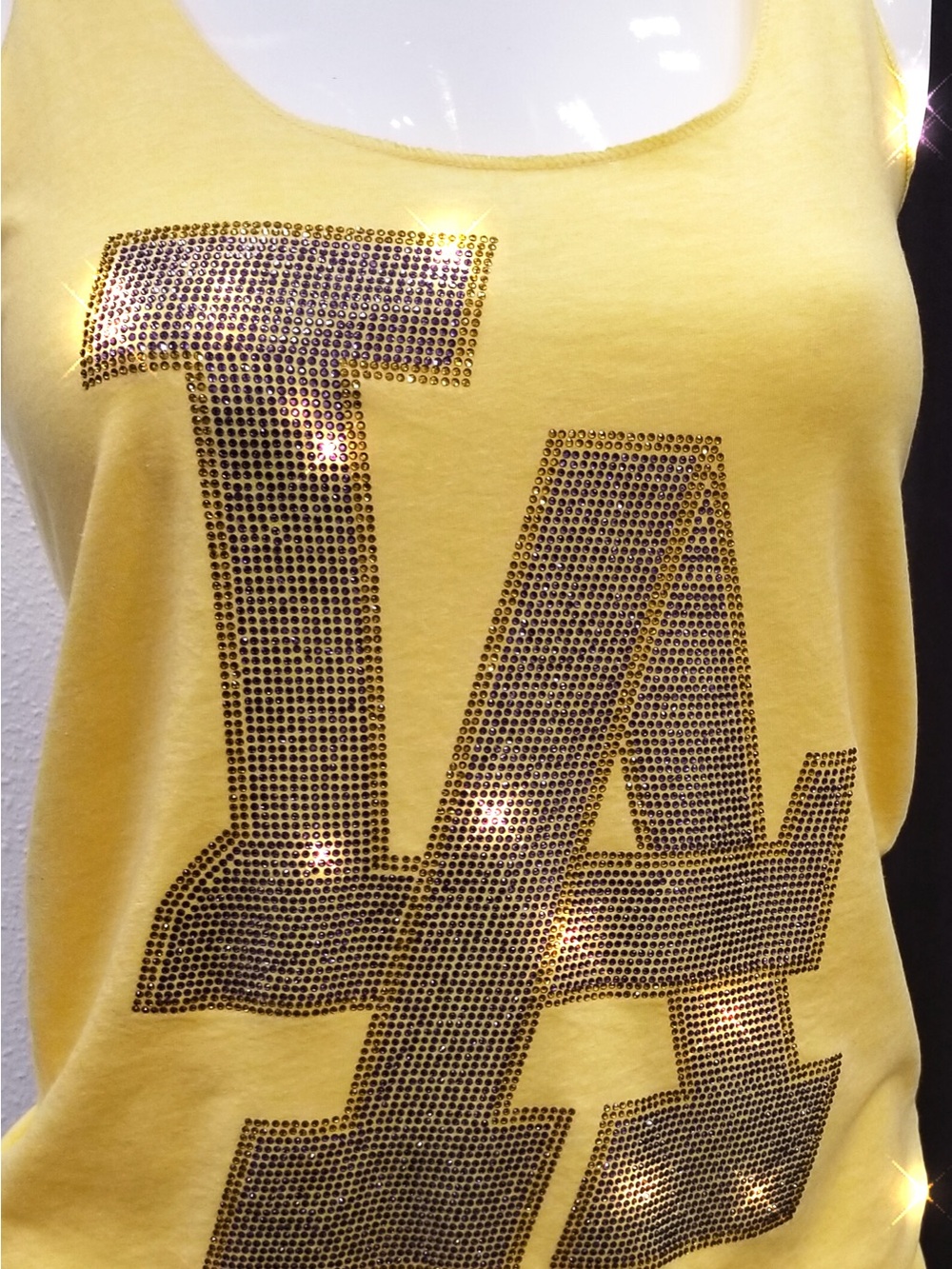 Yellow Lakers Tank Top with Sparkling 'LA' Rhinestone Design
